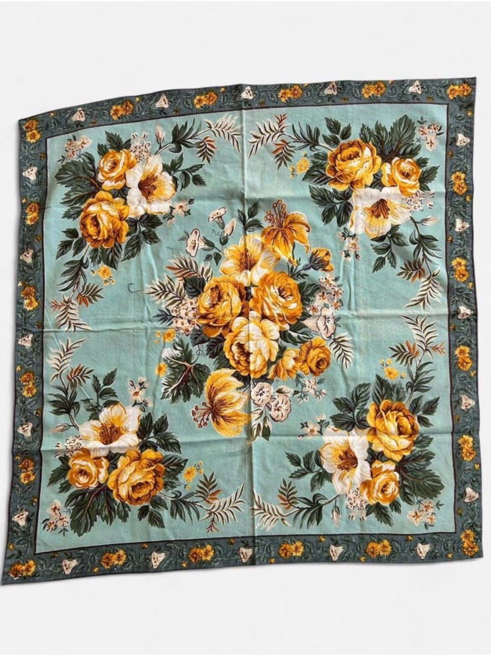 April Cornell Mint Green Floral Cotton Scarf with Yellow Floral Accents